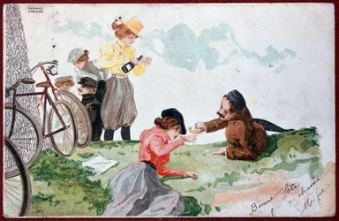 Fiesta campestre: Picnic y ciclismo - ilustración de R. Kirchner, c.1900