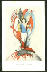 Postal, Color Satírico: Por la Ley y la Libertad - Guerra del 14-18, Aliados, Banderas - Ilustración de Kirchner (1876-1917)