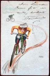 Postal de una mujer en bicicleta - dibujo de R. Kirchner, c. 1900