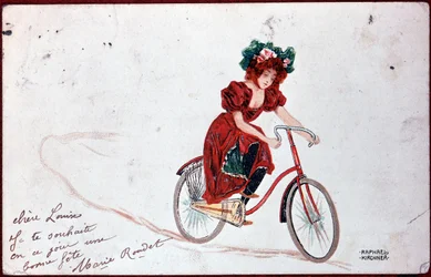 Postal de una mujer en bicicleta - ilustración de R. Kirchner, c.1900