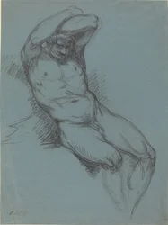 Desnudo masculino sentado con las manos cruzadas sobre la cabeza