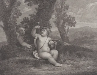 El infante Baco sentado bajo un árbol, levantando una copa de vino, con otro infante detrás, 1780