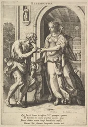 Limosna: una mujer con tocado de perlas y halo entrega pan a dos mendigos, uno de ellos hombre, 1589