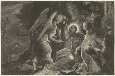 Cristo es consolado en Getsemaní por un ángel, Santo Domingo y Santa Catalina de Siena espejo de obediencia Perfectissimvm Obedientiae Specvlvm (título sobre el objeto) Espejos de obediencia, castidad y pobreza (título de serie)