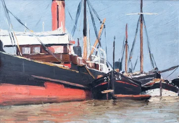 Barcos en un puerto (óleo sobre madera)