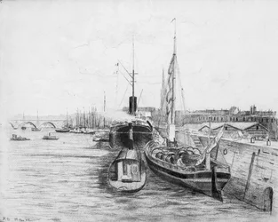 Barcos en el puerto de Burdeos, c.1900 (lápiz y carboncillo sobre papel)