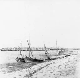 Barcos en el puerto de Burdeos, c.1900 (lápiz y carboncillo sobre papel)