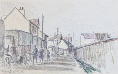 Convoy de vehículos militares en Trilport, c1914-18 (lápiz sobre papel)