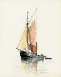 Gabare en el estuario de la Gironda (gouache, carboncillo y lápiz sobre papel)