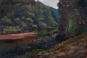 Paisaje con bosque, estanque y nenúfares