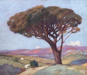 Paisaje con pino paraguas (óleo sobre madera)