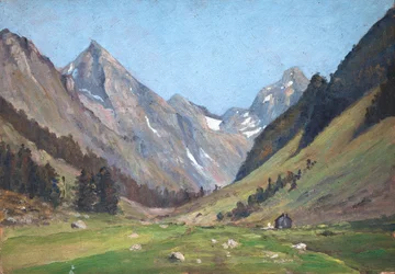 Paisaje de montaña en los Pirineos (óleo sobre madera)