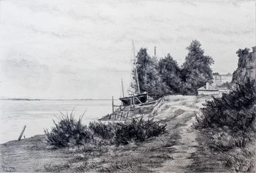 Astillero en el estuario de la Gironda (lápiz y carboncillo sobre papel)