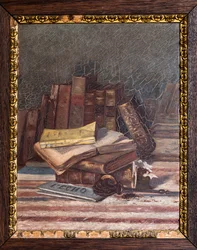 Bodegón con libros viejos (óleo sobre madera)