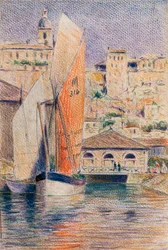 El puerto de Bourg-sur-Gironde con una gabarra (lápiz y pastel sobre papel)