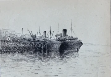 Dos barcos en el muelle (Carbón vegetal)