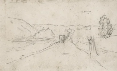 carretera con camiones y explosiones en un campo, c1914-18 (dibujo)