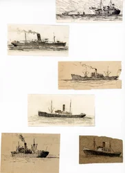 bocetos de varios cargueros de la marina mercante (tinta, carboncillo, lápiz)