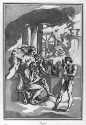 Orfeo en el inframundo pide a Minos por su esposa Eurídice. Dibujo en acuarela de Raimondo La Fage