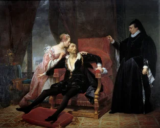 La muerte del Rey Carlos IX (1550-1574) El rey murió de neumonía en el castillo de Vincennes, a la derecha su madre Catalina de Médicis.