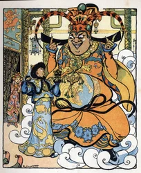 Aladino, la princesa Badroulboudour y el genio ante el cuerpo del mago africano: ilustración para el cuento "Aladino o la lámpara maravillosa" de "Las mil y una noches".