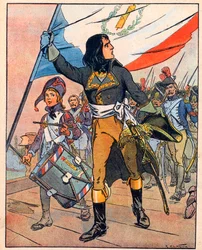 Primera campaña italiana: Napoleón Bonaparte (1769-1821) en la batalla del puente de Arcole, noviembre de 1796" tomado de "Nos-Gloires-Nationales" c.1920 (grabado)