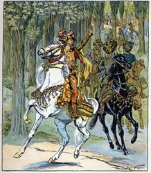 Ladrones a caballo: ilustración del cuento "Aladino o la lámpara maravillosa" de "Las mil y una noches