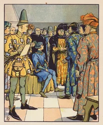 Juana delante de los Doctores en Teología de Poitiers (litografía en color)