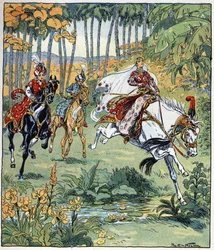 Parizade adelanta a sus hermanos Bahman y Pervis en la carrera de caballos. Ilustración de Raymond de La Neziere (1865- 1953) para el cuento "Histoire des deux sœurs jealous de leur cadette" de "Les mille et une nuits" (Les 1001 nuits ou Le mille e una not