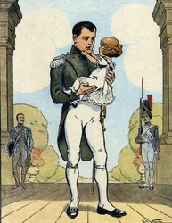Retrato del Emperador Napoleón I (1769-1821) con su hijo el Aiglon (1811-1832) (Rey de Roma Napoleón II, Duque de Reichstadt) (Emperador francés Napoleón I con su hijo Napoleón II) Ilustración de Raymond de Neziere en "Our-Glories-Nationales" 1920 DR Pri