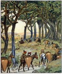 Toda la caravana tomó el camino de la ciudad: ilustración del cuento "Aladino o la lámpara maravillosa" de "Las mil y una noches".