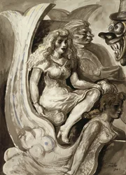 Jinetes en una barca con túnel de sirena: Una acuarela de doble cara