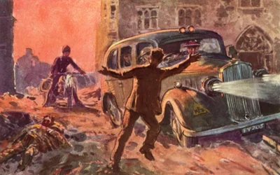 Bomberos del Servicio Nacional de Bomberos Británico en tiempos de guerra siendo alertados de la presencia de una víctima malherida de un ataque aéreo, Segunda Guerra Mundial.