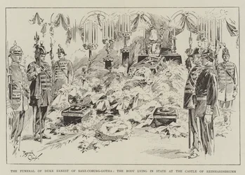 El funeral del duque Ernesto de Sajonia-Coburgo-Gotha, el cuerpo yace en el castillo de Reinhardsbrunn (grabado)