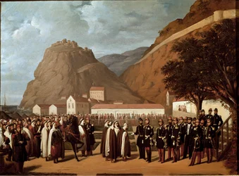 Conquete de Argelia (1830-1847): la sumisión de Abd el Kader (Abd-el-Kader o ibn Muhyi al-Din al-Hasani (al Din al-Hasani) (1808-1883) al duque de Aumale y al Armee francés el 24/12/1847 - Pintura de Regis Augustin (1813-1880) Siglo XIX Músculo