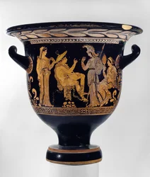 Crátera de campana de figuras rojas apulianas decorada con una escena del Juicio de Paris, c.375-350 a.C.