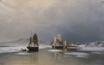 Veleros en fiordo helado (óleo sobre lienzo)