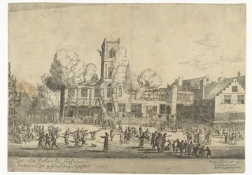 Incendio del antiguo Ayuntamiento de Amsterdam El antiguo Ayuntamiento de Amsterdam se quemó el 7 de julio el domingo por la mañana a las dos y media Ao 1652 (título sobre el objeto)