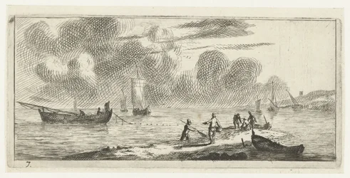 Costa con hombres pescando en aguas poco profundas Varios Embarquements et autre Faicts (título de la serie) Varias embarcaciones y similares (título de la serie)