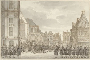 Llegada del Príncipe Guillermo V y Frederica Sophia Wilhelmina de Prusia al Ayuntamiento en la Plaza Dam en Amsterdam, 30 de mayo de 1768