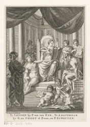 Representación alegórica con Historia, Verdad, Sabiduría Antigua y Prudencia Historia contemporánea de los turcos (título sobre objeto) Página de título para: S.n., Hedendagche historie o La continuación de la Historia general, 1767