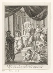 Representación alegórica con Historia, Verdad, Sabiduría Antigua y Prudencia Historia contemporánea de los turcos (título sobre objeto) Página de título para: S.n., Hedendagche historie o La continuación de la Historia general, 1767