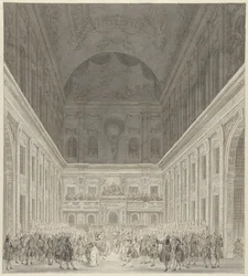 Baile en el Salón de Ciudadanos del Ayuntamiento de Ámsterdam en honor a la visita del Príncipe Guillermo V y Guillermina de Prusia, junio de 1768