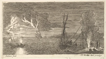 Escena nocturna con pescador junto a un fuego