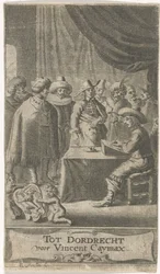 Comerciante en el escritorio Página de título para: J. van der Does e.a., Verscheyde voyagien, ofte reysen, 1652