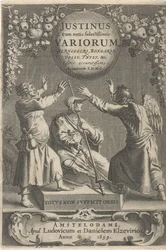 Minerva en twee geketende figuren Titelpagina voor: A. Thysius, Justinus cum notis selectissimis variorum Berneggerj, Bongarsy, Vossy, Thysy, &c, 1659