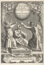 Minerva en twee geketende figuren Titelpagina voor: A. Thysius, Justinus con las diversas observaciones más seleccionadas y una revisión detallada, 1650