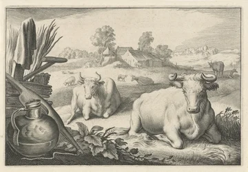 Pasto con dos vacas mentirosas Diversa Animalia Quadrupedia (título de la serie)