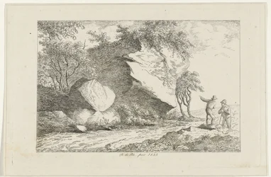 Paisaje con dos figuras junto a una roca.