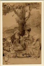 Cuatro mulás sentados bajo un árbol, Rembrandt, c. 1656-61